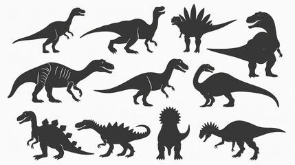 A detailed image showcasing eleven black silhouettes of various dinosaur species, each posed to exhibit their unique features and emphasizing the prehistoric era. Versatile for multiple uses.