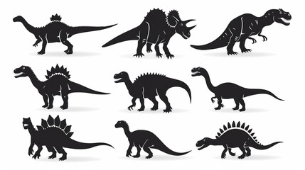 This image portrays nine different dinosaur species in various active postures, delineated in black silhouettes that emphasize their distinctive traits, ideal for scientific or artistic uses.