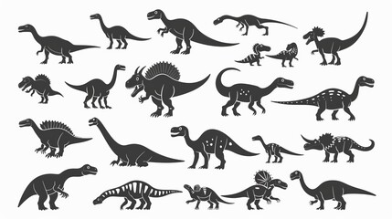 A wide selection of black dinosaur silhouettes, each with varied and intricate details, displayed against a light background, showcasing the diversity of prehistoric life.