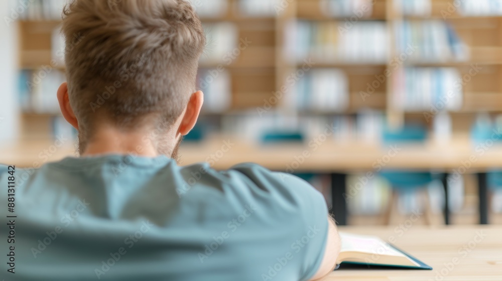 Poster a man is sitting at a table with a book in front of him