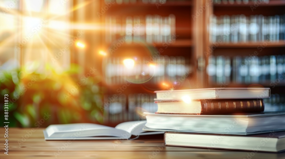Poster a stack of books on a table with a bright sun shining through the window