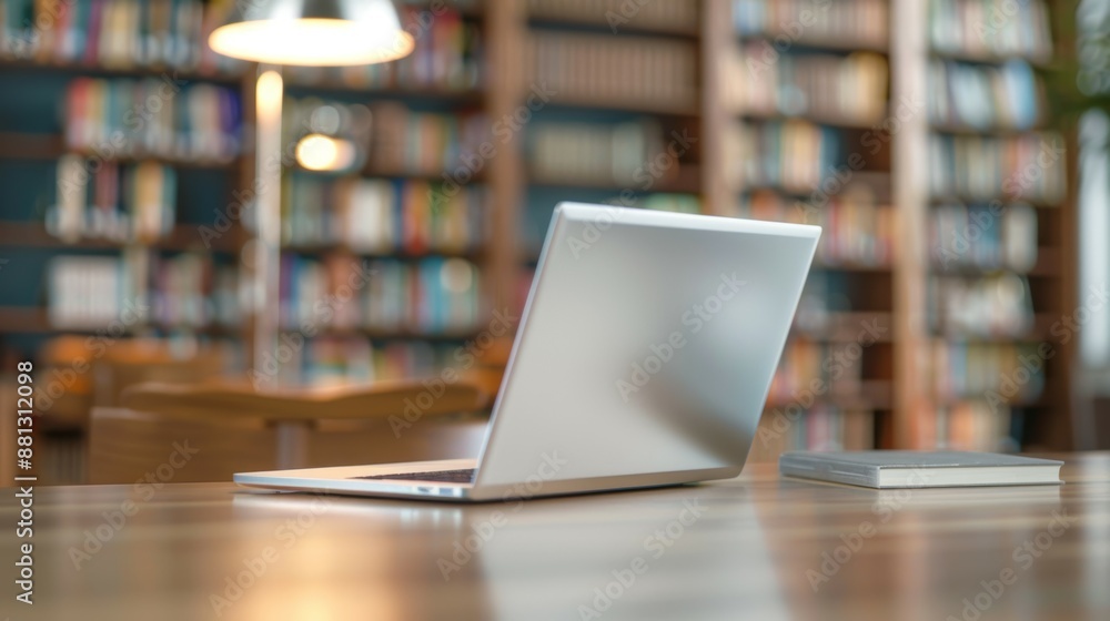 Aufkleber a laptop is open on a desk in front of a bookshelf