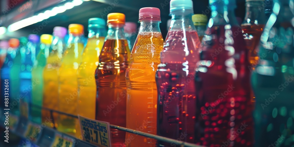 Poster a row of soda bottles on a shelf