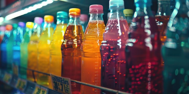 A row of soda bottles on a shelf