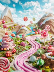 A colorful scene of various candies in a fantasy land, great for use in advertising or marketing materials