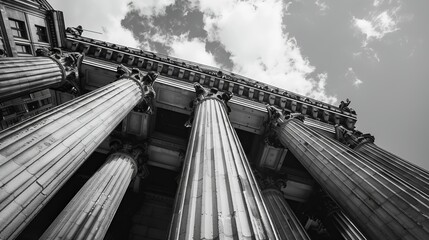 This black and white image captures a classical building with towering columns, showcasing its historical significance and architectural elegance from a dramatic perspective.