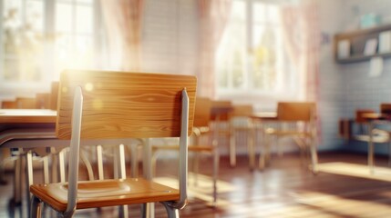 A classroom with wooden chairs and desks