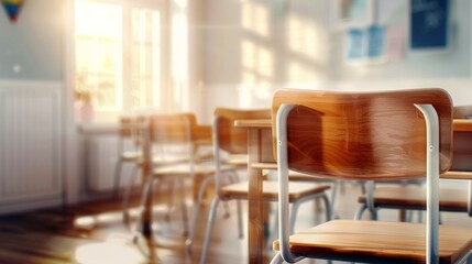 A classroom with a wooden chair in the middle of it