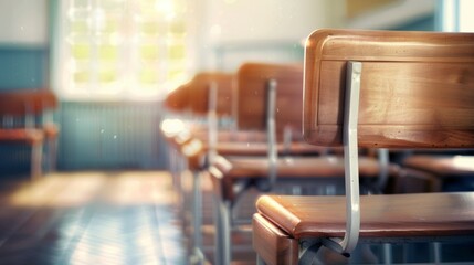 A classroom with wooden chairs and a window