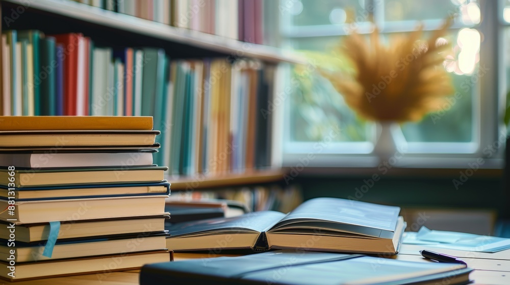 Poster a stack of books is on a table next to a window