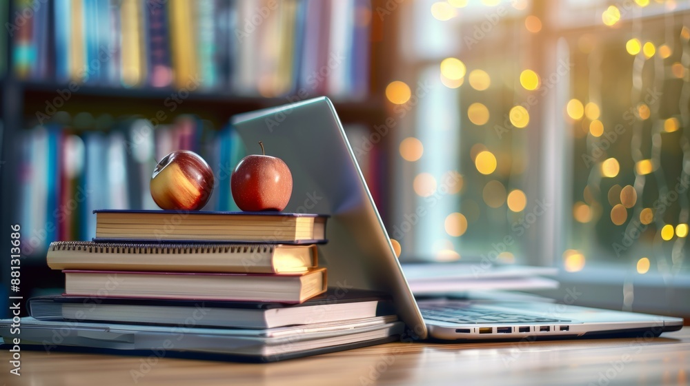 Poster a laptop is on top of a stack of books and two apples