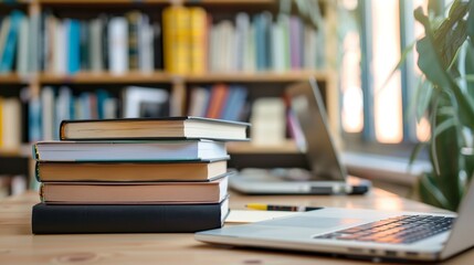 A stack of books on a desk with a laptop and a plant