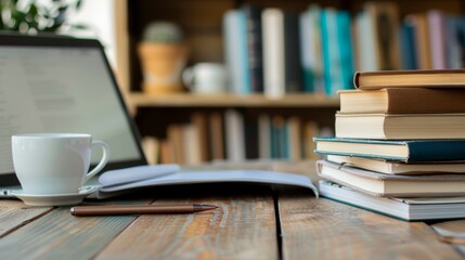 Fototapeta premium A laptop is on a wooden table with a stack of books and a cup of coffee