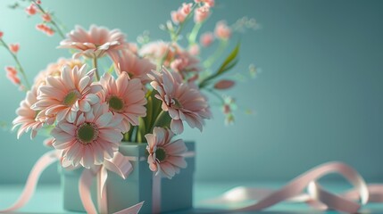 Pink Flowers in a Blue Gift Box