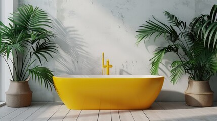 Fototapeta premium Modern loft interior design with white walls green palm leaf background and yellow bathtub