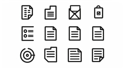 Minimalistic black and white icons of various document types, characterized by simplicity and modern design, ideal for digital applications, websites, or as graphic elements.