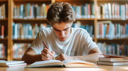 A young man is writing in a book with a pencil