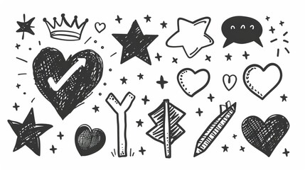 A collection of doodle illustrations featuring hearts, stars, crowns, arrows, and other symbols in various artistic styles, perfect for creative and whimsical designs.