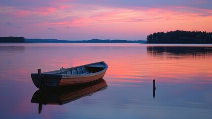 Naklejka premium A serene photograph of a small wooden sailboat floating on a calm lake at sunset.