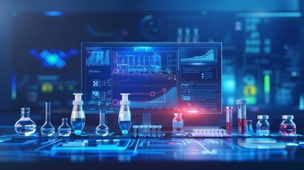 A high-tech laboratory featuring advanced scientific equipment, glassware, and a digital interface displaying complex data and analytical graphs in a futuristic setting.
