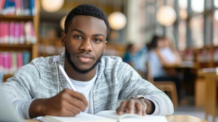 A young man sits at a table in a library, writing in a notebook