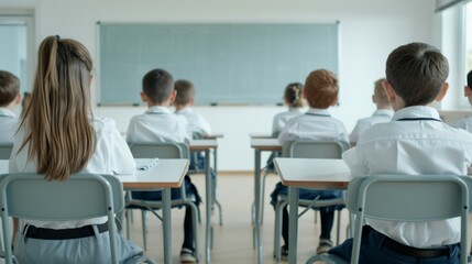 Obraz premium A group of children sit in a classroom with a whiteboard behind them