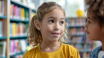 Obraz premium Two young girls are standing in a library, one of them wearing a yellow shirt