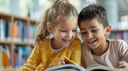 Obraz premium Two children are sitting at a table in a library, reading a book together