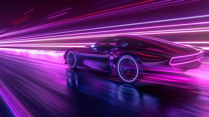 A modern sports car races through a vibrant neon landscape, showcasing cutting-edge design and high-speed motion with beautiful light trails.