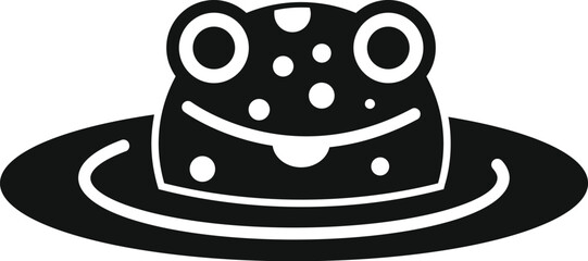 Black and white icon of a cute, happy frog relaxing in a pond