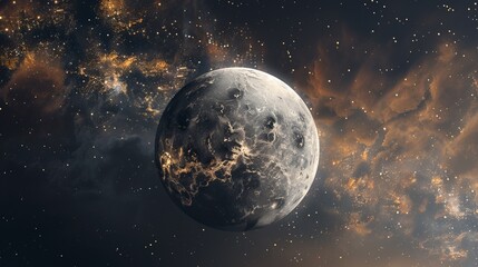 A solitary gray moon floats amidst a star-filled cosmos with nebula-like formations, creating a mystical and serene night-time celestial scene.
