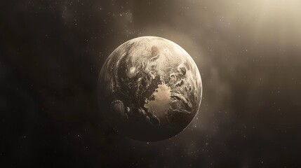 Fototapeta premium A barren celestial body with rugged terrain is illuminated by surrounding galaxies and distant stars, portraying the vast emptiness and beauty of space.