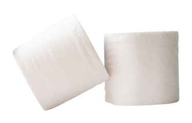 Front view of white tissue paper rolls in stack isolated with clipping path in png file format