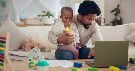 Father, laptop and baby in living room, typing and remote work with childcare in lounge. Multitask, communication and search babysitter, child and male person with computer email for startup business