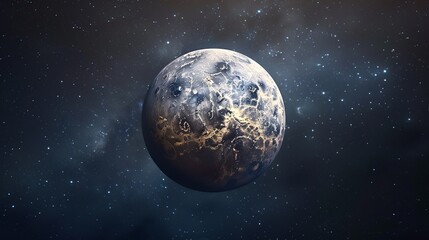 Obraz premium This image showcases a frozen planet with intricate surface details floating serenely in space, surrounded by twinkling stars that enhance the mysterious celestial ambiance.