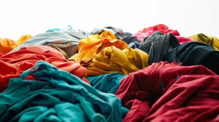 Stop motion of piles of colorful clothes on white background. Clothes for donation or shopping. Household laundry.