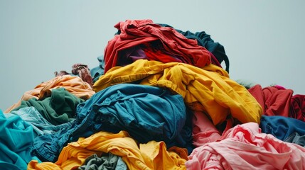 Stop motion of piles of colorful clothes on white background. Clothes for donation or shopping. Household laundry.
