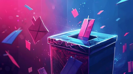 A vibrant and colorful image of various envelopes falling into a futuristic ballot box, illustrating the concept of voting, democracy, and digital transformation in elections technology.