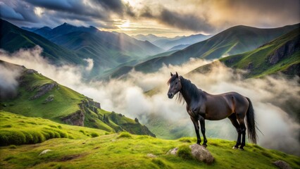 Majestic black Berber horse stands alone amidst serene mountainous terrain with lush greenery and misty fog rolling over rolling hills.