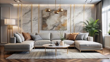 Elegant living room interior with modern sectional sofa, marble coffee table, and minimalist wall art against a light gray background.