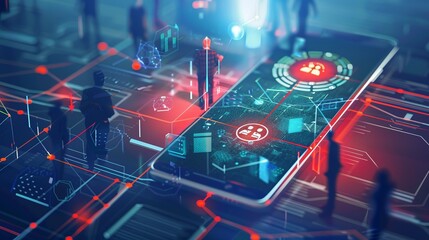 A futuristic digital visualization showing people surrounded by a secure network protecting user data, emphasizing cybersecurity and the importance of personal information security.