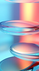 A collection of abstract glass shapes layered on top of each other against a gradient background of blue, red, and yellow