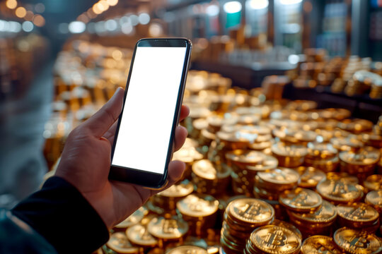 Close-up of a hand holding a smartphone with a blank screen over a pile of gold Bitcoin coins.
