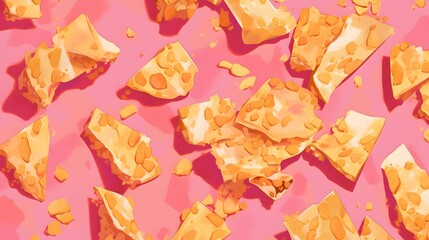 Broken Pieces of White Chocolate with Nuts on Pink Background.