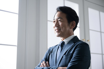 腕組みをする真剣な表情のハンサムなシニアビジネスマン　経営者やエグゼクティブなイメージの横顔