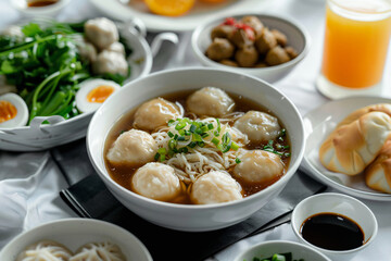 a table with a bowl of soup and plates of food