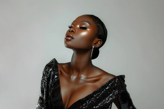 Studio photo of a young attractive African American woman with bright makeup wearing a black evening dress with a neckline and a snakeskin pattern