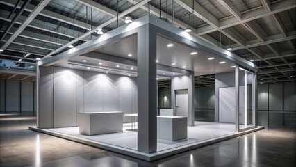 Modern minimalist gray tone creative exhibition stand design template, sleek empty booth with futuristic lighting, perfect for product showcase.