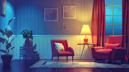 A warm and inviting living room scene featuring two red chairs and a table