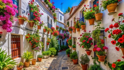 Vibrant colors overflow as overflowing flower arrangements and ornate pottery adorn ancient whitewashed walls of narrow Calleja de las Flores street.